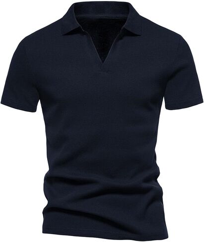 Men's V Neck Polos Shirts Short Sleeve Business Tops Slim Fitted Collared Golf Shirt Performance Cotton Tees in Saudi Arabia