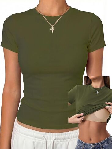 Danysu Nude Built in Bra Cotton Jersey T Shirt No See Through Stretchy Lightweight Fitted Everyday Basic Tops Gym Workout Tee in Saudi Arabia
