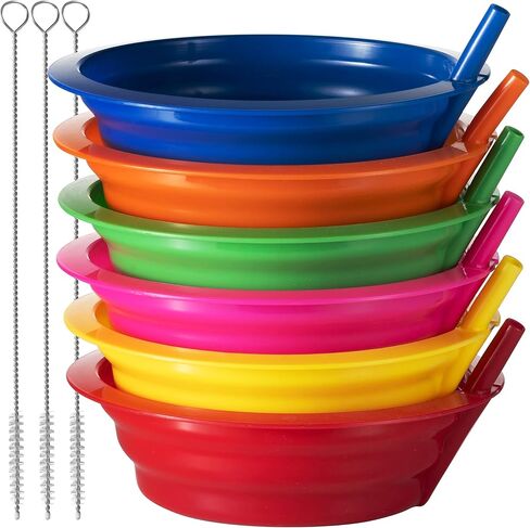 Cereal Bowls with Straws for Kids - (Set of 6 - 20-Ounce Bowls) BPA-Free Plastic Reusable Built-In Straw Bowl for Kids, Children & Toddlers, Dishwasher and Microwave Safe, Includes 3 Cleaning Brushes in Saudi Arabia
