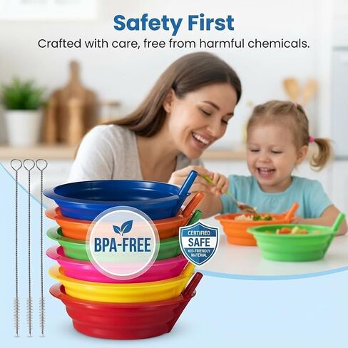 Cereal Bowls with Straws for Kids - (Set of 6 - 20-Ounce Bowls) BPA-Free Plastic Reusable Built-In Straw Bowl for Kids, Children & Toddlers, Dishwasher and Microwave Safe, Includes 3 Cleaning Brushes in Saudi Arabia