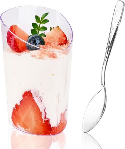 Hiasobre 50 Pack Plastic Dessert Cups with Spoons, 3 oz Clear Mini Parfait Appetizer Cups, Reusable Slanted Triangle Shooter Serving bowls for Tasting, Small Dessert Shot Glasses in Saudi Arabia