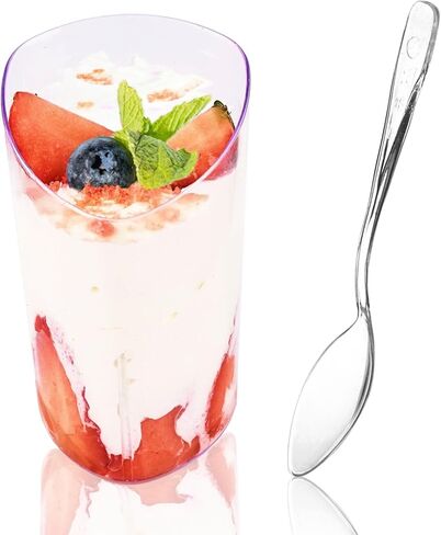 Hiasobre 50 Pack Plastic Dessert Cups with Spoons, 3 oz Clear Mini Parfait Appetizer Cups, Reusable Slanted Triangle Shooter Serving bowls for Tasting, Small Dessert Shot Glasses in Saudi Arabia
