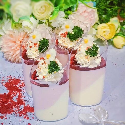 Hiasobre 50 Pack Plastic Dessert Cups with Spoons, 3 oz Clear Mini Parfait Appetizer Cups, Reusable Slanted Triangle Shooter Serving bowls for Tasting, Small Dessert Shot Glasses in Saudi Arabia