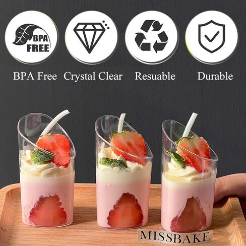 Hiasobre 50 Pack Plastic Dessert Cups with Spoons, 3 oz Clear Mini Parfait Appetizer Cups, Reusable Slanted Triangle Shooter Serving bowls for Tasting, Small Dessert Shot Glasses in Saudi Arabia