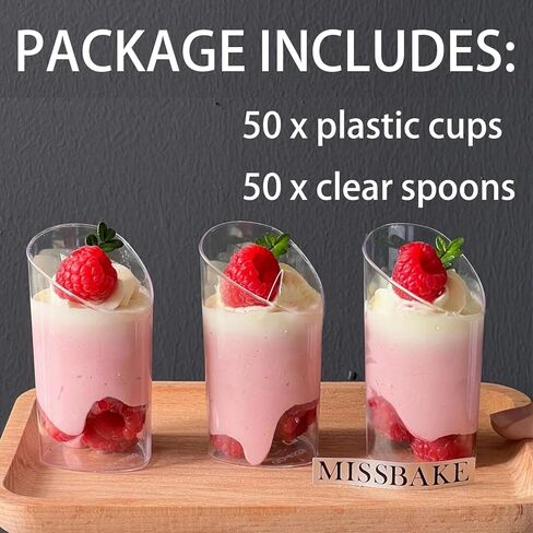 Hiasobre 50 Pack Plastic Dessert Cups with Spoons, 3 oz Clear Mini Parfait Appetizer Cups, Reusable Slanted Triangle Shooter Serving bowls for Tasting, Small Dessert Shot Glasses in Saudi Arabia