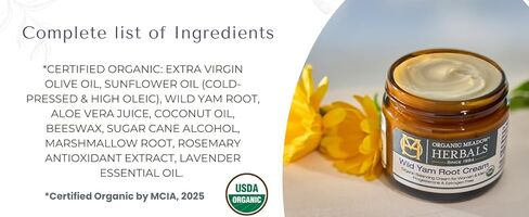 Organic Meadow Herbals Wild Yam Root Cream - USDA Certified Organic Balancing Cream for PMS & Menopause Relief - Estrogen & Progesterone-Free. Handmade by us. Woman-owned & Operated Since 1994 (2 oz) in Saudi Arabia