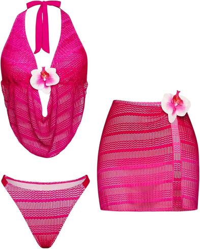 Verdusa Women's 3 Piece 3D Floral Halter Bikini Set Crochet Swimsuits with Beach Cover Up Skirt in Saudi Arabia