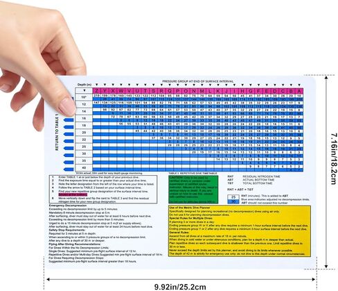 No Decompression Waterproof Dive Tables – Metric Dive Planner, A5 Plastic Dive Card in Saudi Arabia