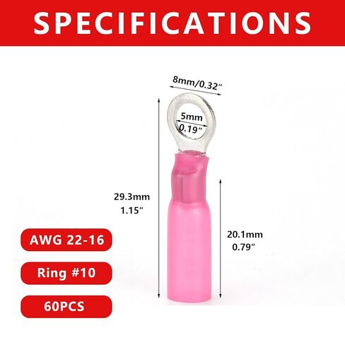 60pcs #10(M5) Heat Shrink Ring Terminals Pink 22-16 Gauge Tinned Copper Ring Terminals Eyelet Wire Connectors Brazed-Seam Insulated Electrical Crimp Wire Terminals for Boat Truck Stereo Car in Saudi Arabia