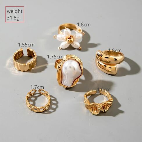 Chunky Gold Irregular Rings Stack Set for Women Statement Baroque Pearl Flower Stackable Knuckle Finger Ring Non Tarnish Boho Hammered Jewelry Gifts in Saudi Arabia