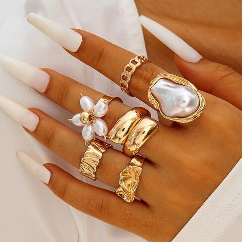 Chunky Gold Irregular Rings Stack Set for Women Statement Baroque Pearl Flower Stackable Knuckle Finger Ring Non Tarnish Boho Hammered Jewelry Gifts in Saudi Arabia