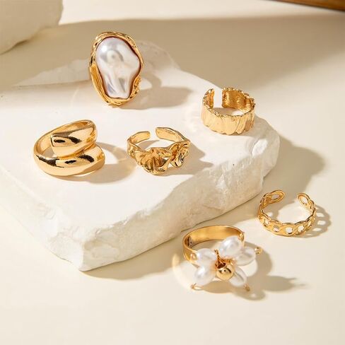 Chunky Gold Irregular Rings Stack Set for Women Statement Baroque Pearl Flower Stackable Knuckle Finger Ring Non Tarnish Boho Hammered Jewelry Gifts in Saudi Arabia