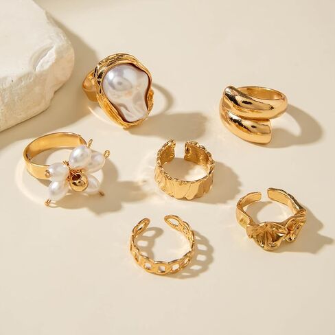Chunky Gold Irregular Rings Stack Set for Women Statement Baroque Pearl Flower Stackable Knuckle Finger Ring Non Tarnish Boho Hammered Jewelry Gifts in Saudi Arabia