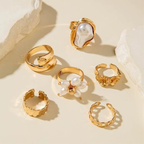 Chunky Gold Irregular Rings Stack Set for Women Statement Baroque Pearl Flower Stackable Knuckle Finger Ring Non Tarnish Boho Hammered Jewelry Gifts in Saudi Arabia