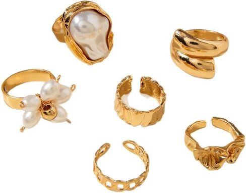 Chunky Gold Irregular Rings Stack Set for Women Statement Baroque Pearl Flower Stackable Knuckle Finger Ring Non Tarnish Boho Hammered Jewelry Gifts in Saudi Arabia