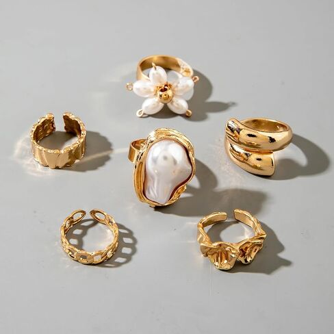 Chunky Gold Irregular Rings Stack Set for Women Statement Baroque Pearl Flower Stackable Knuckle Finger Ring Non Tarnish Boho Hammered Jewelry Gifts in Saudi Arabia