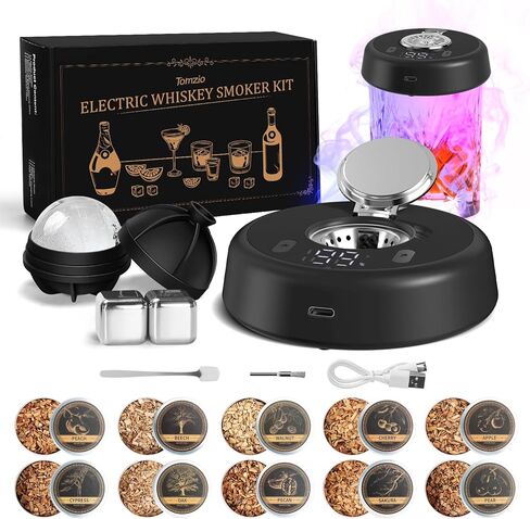 Electric Whiskey Smoker Kit, Torch-Free Rechargeable Cocktail Smoker with 7 Color Lights, Portable Drink Smoker with 10 Wood Chips, Ice Molds & Steel Cubes, Great Gift Idea for Whiskey Lovers in Kuwait