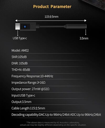 KZ AM02 DAC المحمول - تحسين الصوت بدرجة احترافية مع محول أنثى من النوع C إلى 3.5 مم لسماعات الرأس KZ HiFi in Kuwait