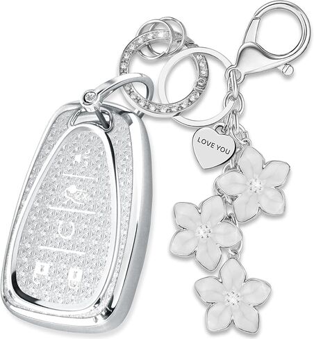 White TPU Key Fob Cover with Sakura Flower Keychain Compatible with Chevy Blazer Camaro Cruze Equinox Malibu Sonic Traverse Volt Spark Trax 5-Button Smart Key for Women in Saudi Arabia