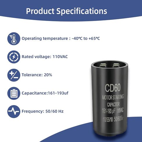 مكثف تشغيل CD60 161-193 فائق التوهج/MFD 110-125VAC، مكثف تشغيل محرك دائري لمضخة الآبار، ضاغط الهواء، المروحة، أدوات الطاقة - ±20% 50/60 هرتز in Saudi Arabia