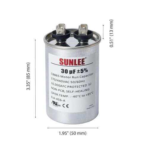 مكثف تشغيل SUNLEE UL معترف به 30 فائق التوهج (30 MFD) 370/440 VAC CBB65، 50/60 هرتز، بديل موثوق لمحرك مروحة مكثف التيار المتردد، المضخة الحرارية أو مضخة حمام السباحة in Kuwait
