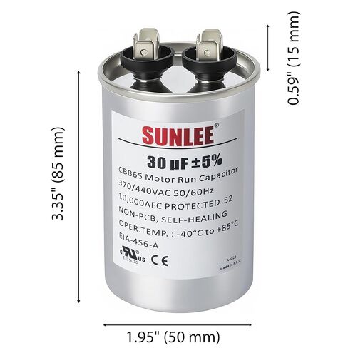 مكثف تشغيل SUNLEE UL معترف به 30 فائق التوهج (30 MFD) 370/440 VAC CBB65، 50/60 هرتز، بديل موثوق لمحرك مروحة مكثف التيار المتردد، المضخة الحرارية أو مضخة حمام السباحة in Kuwait
