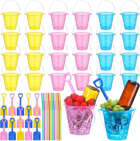CroBlissful 15 Set 33.8 Ounce Large Beach Drink Buckets with Shovels Disposable Straws Plastic Bucket with Handles for Summer Holiday Party Beach Birthday Party Favors (Glitter) in Saudi Arabia