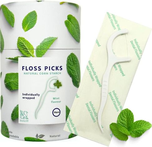 Individually Wrapped Dental Floss Picks (50ct) - Eco-Friendly Flosser Handle Made with Cornstarch Blend | Mint | Plant-Based | Toothpick Stick Soft On Gums & Teeth | Vegan | Shred Resistant in Saudi Arabia