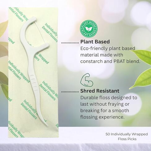 Individually Wrapped Dental Floss Picks (50ct) - Eco-Friendly Flosser Handle Made with Cornstarch Blend | Mint | Plant-Based | Toothpick Stick Soft On Gums & Teeth | Vegan | Shred Resistant in Saudi Arabia