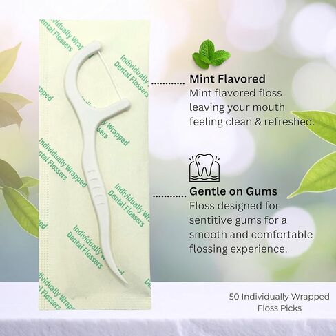 Individually Wrapped Dental Floss Picks (50ct) - Eco-Friendly Flosser Handle Made with Cornstarch Blend | Mint | Plant-Based | Toothpick Stick Soft On Gums & Teeth | Vegan | Shred Resistant in Saudi Arabia