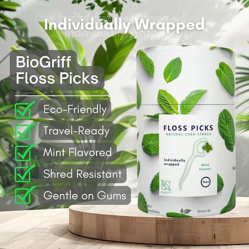 Individually Wrapped Dental Floss Picks (50ct) - Eco-Friendly Flosser Handle Made with Cornstarch Blend | Mint | Plant-Based | Toothpick Stick Soft On Gums & Teeth | Vegan | Shred Resistant in Saudi Arabia