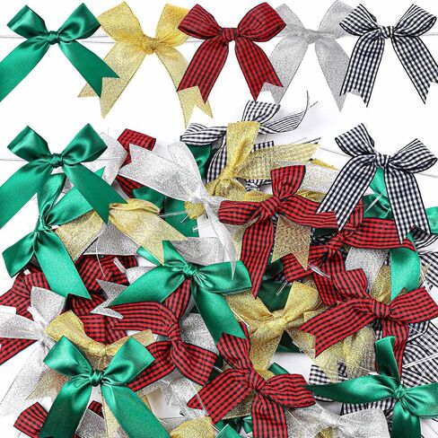 YGDZ Christmas Bows, 50 PCS Twist Tie Christmas Tree Bow, 3.3 Inch Buffalo Plaid Bows Glitter Gold Silver Bow for Crafts, for Christmas Decor, Gift Wrapping, Party in Saudi Arabia
