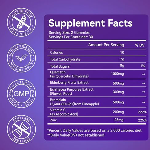 2 Pack Quercetin Gummies, 1000mg Quercetin with Bromelain Zinc Elderberry, Immune & Antioxidant Support, Vegan Gummies for Adults & Kids, 120 Count in Saudi Arabia