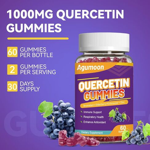 2 Pack Quercetin Gummies, 1000mg Quercetin with Bromelain Zinc Elderberry, Immune & Antioxidant Support, Vegan Gummies for Adults & Kids, 120 Count in Saudi Arabia