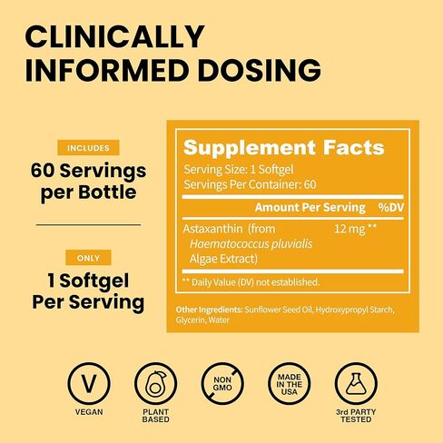 Astaxanthin Supplements 12mg | Vegan Astaxanthin Softgels from Microalgae | Antioxidant for Skin Hydration, Elasticity & Radiant Glow | Non-GMO, Vegan, Made in USA | 2 Month Supply, 60 Softgels in Saudi Arabia