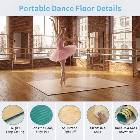 4Ft x 6Ft 5mm Natural Wood-Colored Dance Mat for Adults, Durable Non-Slip PVC Material, Portable Practice Flooring for Ballet, Jazz, and Pop Dance, Suitable for Home, Studio, or Practice in Saudi Arabia