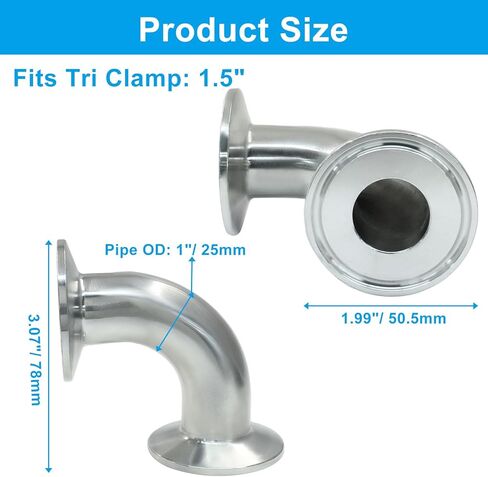 Hordion 2 Pack 1" Tube OD Sanitary Ferrule Elbow, 90 Degree Pipe Fitting with 4 Rubber Gaskets Tri Clamp 1.5 Inch in Saudi Arabia