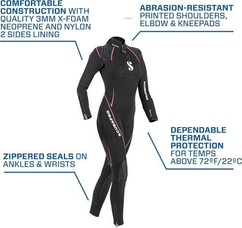 بدلة غوص SCUBAPRO Definition Steamer Scuba Diving، 3 مم بسحاب خلفي من النيوبرين للنساء، مقاس XL قصير، أسود/وردي in Saudi Arabia