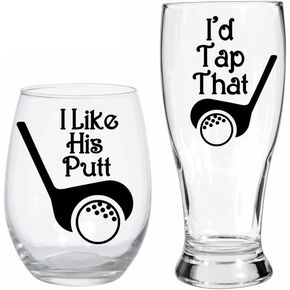 Golfer Gift Set Wine & Beer Glasses | I Like His Putt/I'd Tap That | His and Hers Golf Gift | Anniversary/Wedding/Bridal Shower Gift | Funny Golf Gift | Handmade in Saudi Arabia