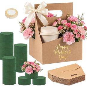 Reallnaive 18 Pack Mother's Day Gift 4 Cup Drink Carrier with Handle Floral Foam Set Kraft Coffee Carrier Holder Green Round Flower Foam Gift Cards for Teacher's Day Appreciation Party Favors in Saudi Arabia