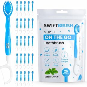 5-in-1 Disposable Travel Toothbrushes – Mini Brushes with Toothpaste + Floss + Toothpick + Tongue Scraper | Individually Wrapped | Mint | 26 Count | SwiftBrush in Saudi Arabia