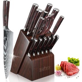 Dfito Kitchen Knife Set, 15 Pieces Knife Set with Block and Sharpener, High Carbon Stainless Steel Knives Set for Kitchen with Red Pakkawood Handle, Razor Sharp Knife Block Set, Dishwasher Safe in Kuwait