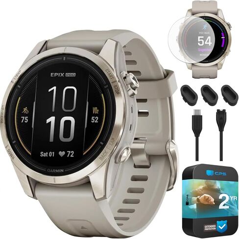 Garmin Epix Pro (Gen 2), 42mm, Sapphire, Soft Gold Steel, Light Sand 010-02802-10 Bundle with 2 YR CPS Enhanced Protection Pack, Deco Essentials 3 Pack Silicone Dust Cover and 2-Pack Screen Protector in Saudi Arabia