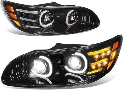 مجموعات المصابيح الأمامية من Auto Dynasty زوج جهاز عرض هالو DRL مزدوج على شكل C مع إشارة انعطاف LED متوافقة مع Peterbilt 325 330 335 337 340 348 382 384 386 387 99-20، كروم in Kuwait