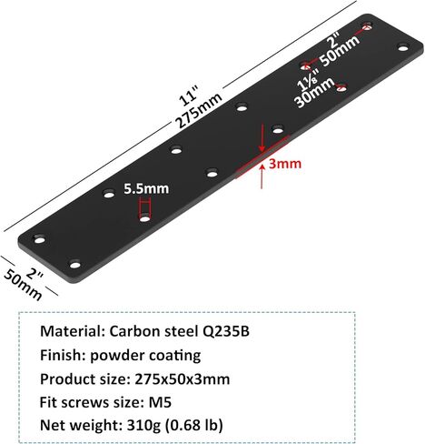 6 Pack 11" x 2" Black Flat Mending Plate, Long Metal Steel Straight Bracket Repair Fixing Joint Connector for Wood Furniture, 11 Gauge, Braces & Joist Hangers in Saudi Arabia