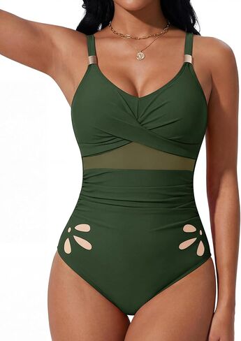 Women Tummy Control One Piece Swimsuit Petal Cutout with Inner Liner Bathing Suit Mesh Metal Swimwear in Saudi Arabia