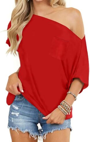 LEEDYA Off The Shoulder Tops for Women Summer Short Sleeve Batwing Shirts Oversized Casual Sexy Date Night Tunic Top in Saudi Arabia