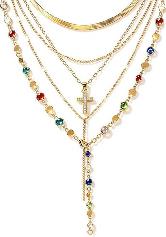 FAXHION 5PCS 14K الذهب مطلي الصليب القلائد للنساء، قلادة مكدسة الطبقات الماس Y طويلة بوهو مجموعات المجوهرات قابل للتعديل الملحقات العصرية الهدايا للنساء in Kuwait