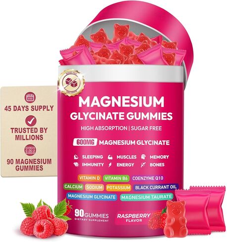 Magnesium Glycinate Gummies 600mg, High Absorption Magnesium Complex, Sugar Free Chewables Gummies with VitaminD & B6, CQ10 for Adults & Kids, Relaxation, Muscle & Zzz Support in Saudi Arabia
