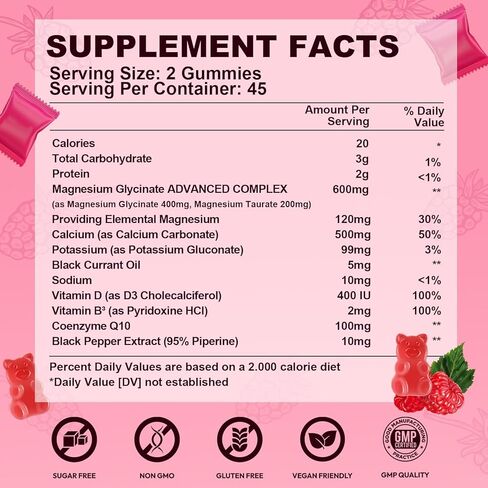 Magnesium Glycinate Gummies 600mg, High Absorption Magnesium Complex, Sugar Free Chewables Gummies with VitaminD & B6, CQ10 for Adults & Kids, Relaxation, Muscle & Zzz Support in Saudi Arabia